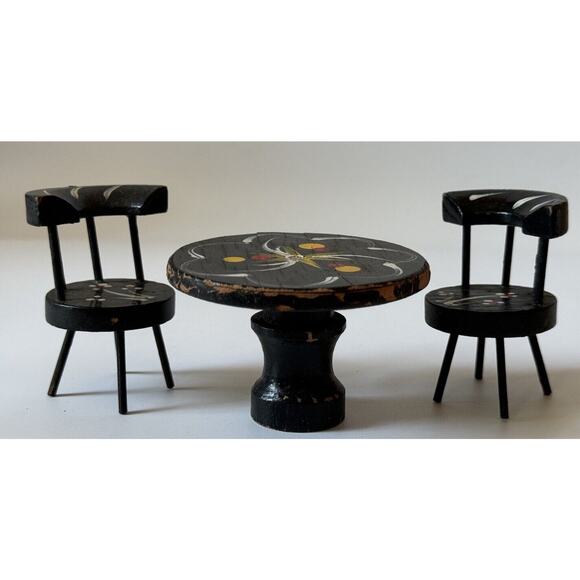 Vintage Fomerz Dollhouse Wood Table & 2 Chairs Painted Black - Picture 1 of 5